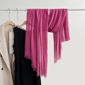 Deep pink linen cotton scarf with frayed edges displayed on a stylish beige coat - Plum Red (18#)