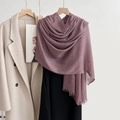 Elegant purple cotton linen scarf with fringe detail over a black dress and beige coat - Lotus Purple (9#)