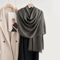Deep grey cotton linen scarf with fringe detail shown on elegant layered fashion outfit - Army Green