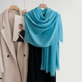 Turquoise blue linen cotton scarf with frayed edges styled as a summer shawl - Light Peacock Blue (50#)