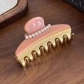 Pinza per capelli in acetato rosa corallo con perle bianche e lega dorata - Rosa Arancio-Grande