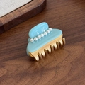 Elegant light blue acetate hair claw clip with white pearls and gold metal teeth - Blue-Small