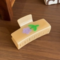 Glittery beige rectangular hair claw clip with purple flower and green leaf accents - Orange