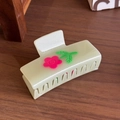 Creamy beige flower hair claw clip with pink floral design and acrylic rectangular finish - Green