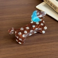 Brown polka dot dachshund hair claw clip with blue ears on wood surface - Hair Claw / Brown