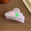 Matte lavender cloud hair claw clip with pink tulip pattern on dark wood background - Purple