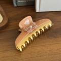 Pinza per capelli rosa pesca con fiocco di strass e perla su base dorata - Farfalla Rosa Arancio - Grande