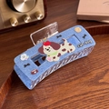 Pinza per capelli blu trama denim con simpatico cane cartone animato e scritta - Cane Mela - Quadrato