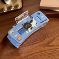 Pinza per capelli rettangolare texture denim blu con motivi di gatti e lische di pesce - Gatto - Quadrato