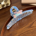 Blue denim print hair claw clip featuring a cute pink rabbit and colorful cartoon icons - Rabbit - Streamer