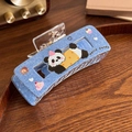 Blue denim print large hair claw clip with cute cartoon panda and heart patterns - Panda - Square