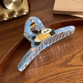 Blue denim texture hair claw clip with cute panda mascot and hello panda text detail - Panda - Streamer