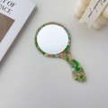 Specchio a mano tondo con manico a fantasia tartarugata verde e arancione decorato - 12cm / Verde Floreale