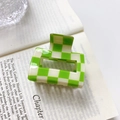 Rectangular green and white checkered hair claw clip with a glossy hollow design - 5.2cm / Green And White Grid