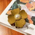 Elegant 6.3cm mustard yellow flower hair claw clip with pearl center for women - Brown