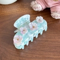 Grande molletta per capelli in acetato azzurro con fiori rosa e perle dorate - Verde Floreale