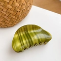 Olive green acetate shark hair claw clip with vertical stripes and sleek half-moon shape - Semi-circle
