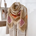 Fashionable chain print square scarf with tassel edges on a beige coat for women - 130x130cm / 130CX94-1 Coffee