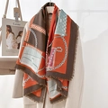 Chic orange and brown plaid square scarf with chain pattern on a beige wool coat - 130x130cm / 130CX94-2 Orange Red