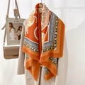 Ethnic vintage orange square scarf with horse carriage print and fringe edges on coat - Large Square Scarf (130*130CM) / Orange