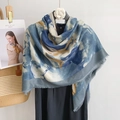 Blue and white abstract print scarf with frayed edges in lightweight cotton linen feel - 130x130cm / Blue