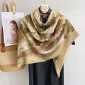 Artistic abstract horse print large scarf in earthy tones with elegant fringe edges - 130x130cm / Yellow