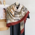 Classic plaid scarf featuring red border with earthy abstract print and fringe tassels - 130x130cm / Red