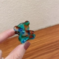Mini bear acetate hair claw clip with colorful marble pattern and gold France lettering - Blue-Brown