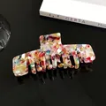 Elegant rectangular hair claw clip with colorful mosaic acetate pattern and gold text - 10cm / Multicolor