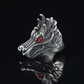 Retro punk wolf head ring in vintage steel with detailed carving and red gemstone eyes - US 7 / Single Ring