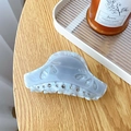 Elegant light blue marble acrylic hair claw clip with rhinestones and hollow leaf design - Iridescent Gray