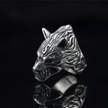 Vintage silver wolf head titanium steel open ring with detailed punk carvings and engravings - US 7 / Steel Black