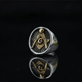 Men's vintage Freemasonry ring with gold compass and square icon on black circular face - US 7 / Gold & Silver