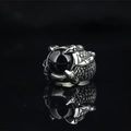 Retro punk dragon claw ring with black gemstone and scales in vintage steel finish - US 7 / Black Stone Silver Tone