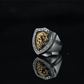 Men's retro shield ring with golden horse emblem and silver finish on a mirror surface - US 7 / Gold