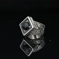 Vintage industrial men's square ring with black gemstone and engraved stainless steel band - US 7 / Silver Black