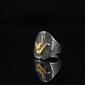 Retro hip hop punk titanium steel ring with gold I Love You gesture relief on black grain - US 7 / Gold and Silver