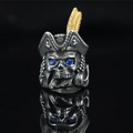 Retro stainless steel pirate skull ring with gold feather and blue gem eyes for men - US 7 / Vintage Silver