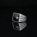 Men's titanium steel signet ring with square black stone and striped texture detail - US 7 / Steel Black