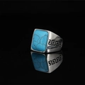 Retro titanium steel ring for men featuring a rectangular blue turquoise and greek key patterns - US 7 / Blue