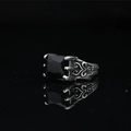 Vintage stainless steel ring with square black gemstone and intricate scrollwork engraving - US 7 / Steel Black
