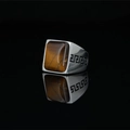 Men's vintage titanium steel ring with square tiger eye stone and Greek key engraving - US 7 / Orange