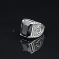Vintage stainless steel ring for men with rectangular black gemstone and ornate engraving - US 7 / Steel Black
