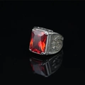 Vintage stainless steel ring for men featuring a large rectangular red gemstone inlay - US 7 / Red