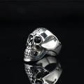 Vintage silver skull ring with black stones and engraved cross on a black mirror - US 7 / Steel Mount Black Rhinestone