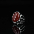 Vintage punk style men's titanium steel ring with a large oval red agate gemstone - US 7 / Red