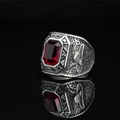 Men's punk titanium steel ring with emerald-cut red gemstone and ornate vintage carvings - US 7 / Red