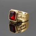 Men's gold-plated dragon ring with rectangle red gemstone and Pixiu side relief - US 7 / Gold Red