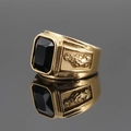 Men's gold plated ring featuring a black rectangular gemstone and dragon carving - US 7 / Gold Black