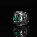 Vintage punk eagle signet ring with deep green gemstone and ornate metal carvings - US 7 / Antique Silver Green